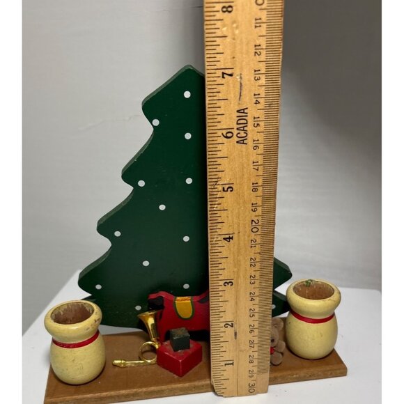 Wooden Christmas Tree Candle Holder With Festive Decor & Toy Ornaments Taper 7" - Picture 2 of 4